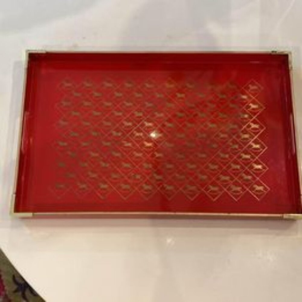 Otagirl Lacquerware Serving Tray.  Red w/Gold‎ Rocking Horses.  Gold Trim